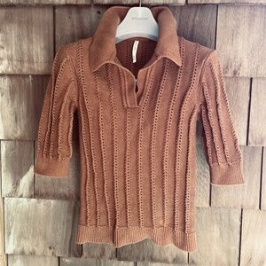 Paper Label Maggie Textured Knit Top Women's Size XS in Caramel 💯 Cotton
